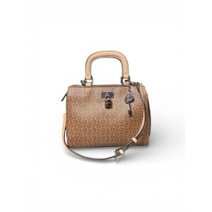 Guess Meera Satchel Brown Monogram Shoulder Bag Removable Strap And Lock Detail